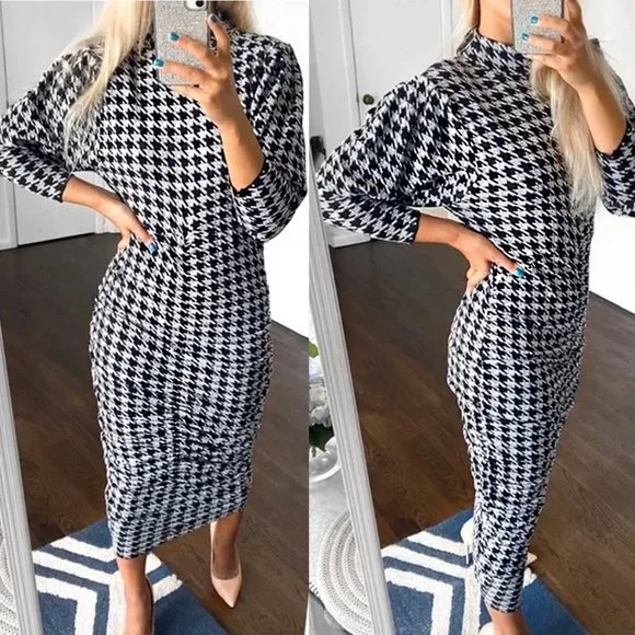Zara | Dresses | Zara Black White Houndstooth Jacquard Draped Wiggle Knit  Midi Dress Nwt Size S | Poshmark